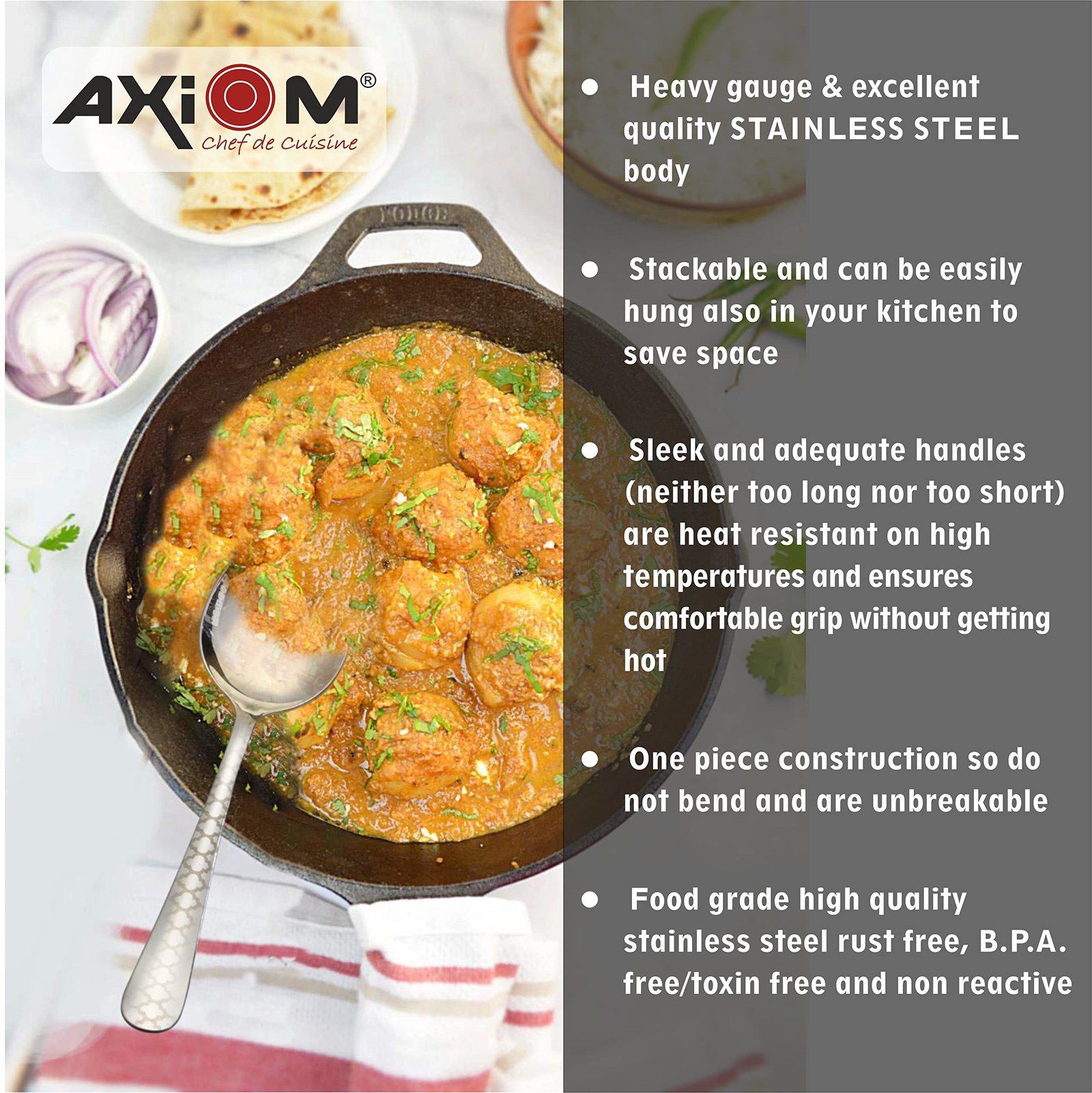 AXIOM Stainless Steel Serving Tools. 4 Pc Heavy Gauge Non-Stick Set Of 1 Soup Ladle (Karchi), 2 Solid Spoon (Chamcha) And 1 Rice Spoon For Serving Soup/Curry/Dal/Rice/Pasta. Laser Printed Neo ,27 Cm - Image 7