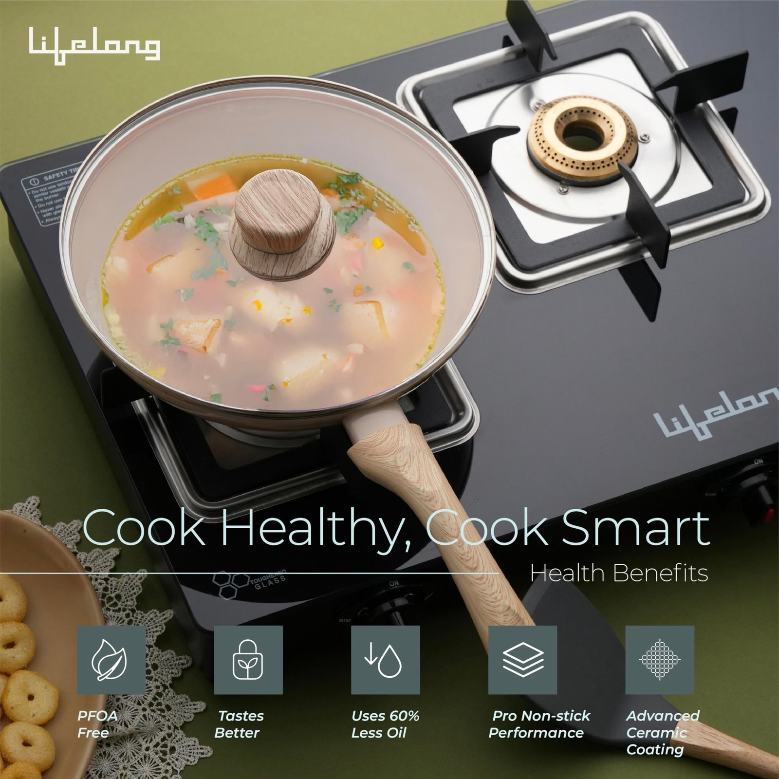 Lifelong Forged Fry Pan 24cm with Glass Lid | 1.8Ltr, 1.9kg Pan | Ceramic Coated | Gas Stove and Induction Friendly | Non-Stick, Teflon Free & Durable |Skillet for Cooking, Searing, Sautéing, & Frying - Image 2