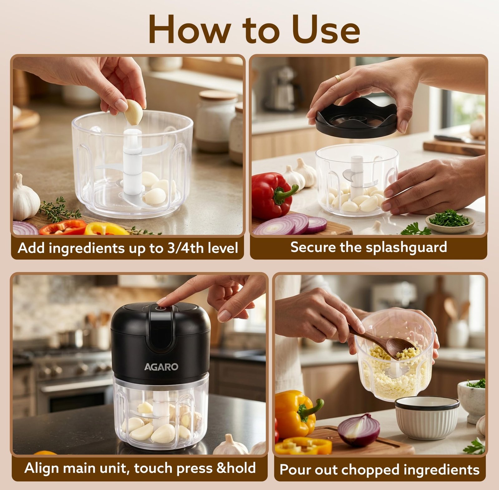 AGARO Elite Rechargeable Mini Electric Chopper, Food Grade Bowl, Stainless Steel Blades, Rechargeable, One Touch Operation, for Chopping Garlic, Ginger, Onion, Vegetable, Nuts, 250 Ml, Black - Image 5