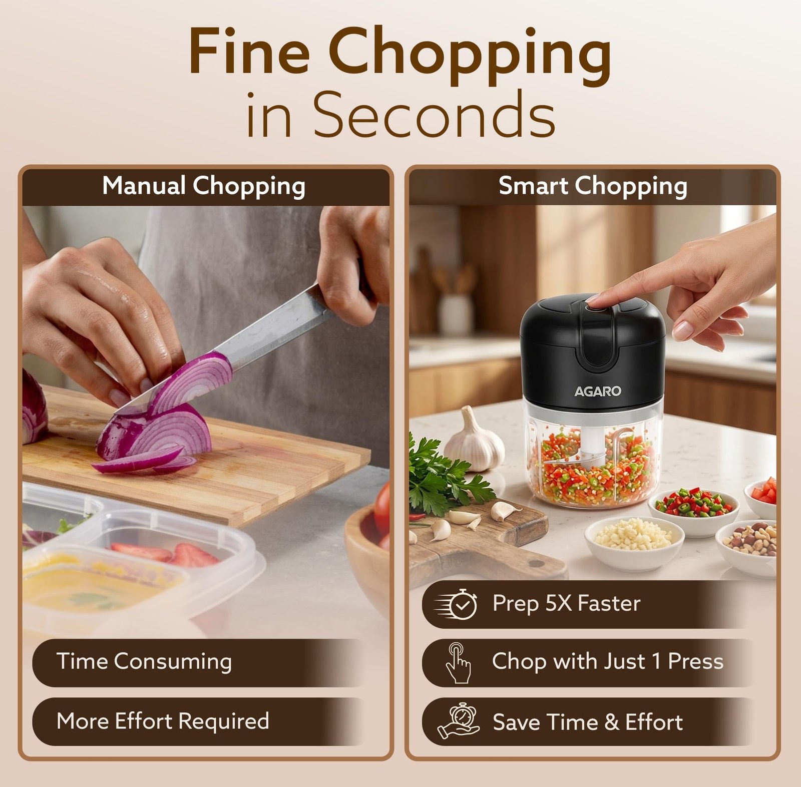 AGARO Elite Rechargeable Mini Electric Chopper, Food Grade Bowl, Stainless Steel Blades, Rechargeable, One Touch Operation, for Chopping Garlic, Ginger, Onion, Vegetable, Nuts, 250 Ml, Black - Image 6