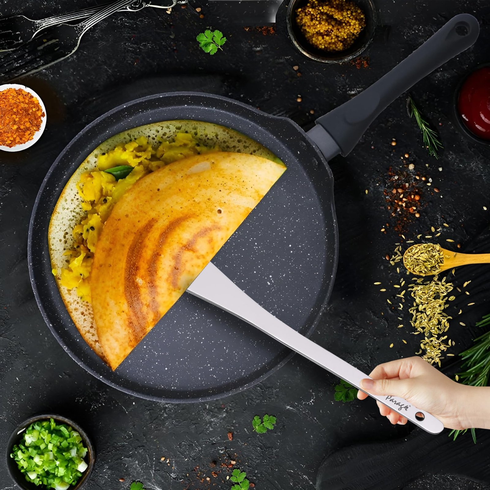 Parage 2 Pieces Stainless Steel Dosa Ladle & Turner/Palta Heavy Gauge | Dosa Making Spoon with Flat Base and Spatula | Kitchen Tools for Cooking (Size-20.5cm, 31.5cm, Silver) - Image 3