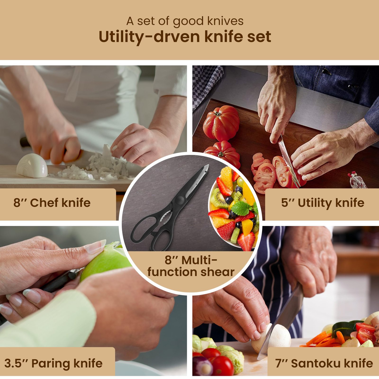 AGARO Galaxy 6 Pcs Kitchen Knife Set, 4 Knives, 1 Scissor, 1 Wooden Case, High Carbon Stainless Steel, Non-Slip Triple Rivet Strong Handle, Cooking, Cutting, Slicing, Home & Restaurant Use, Silver - Image 5