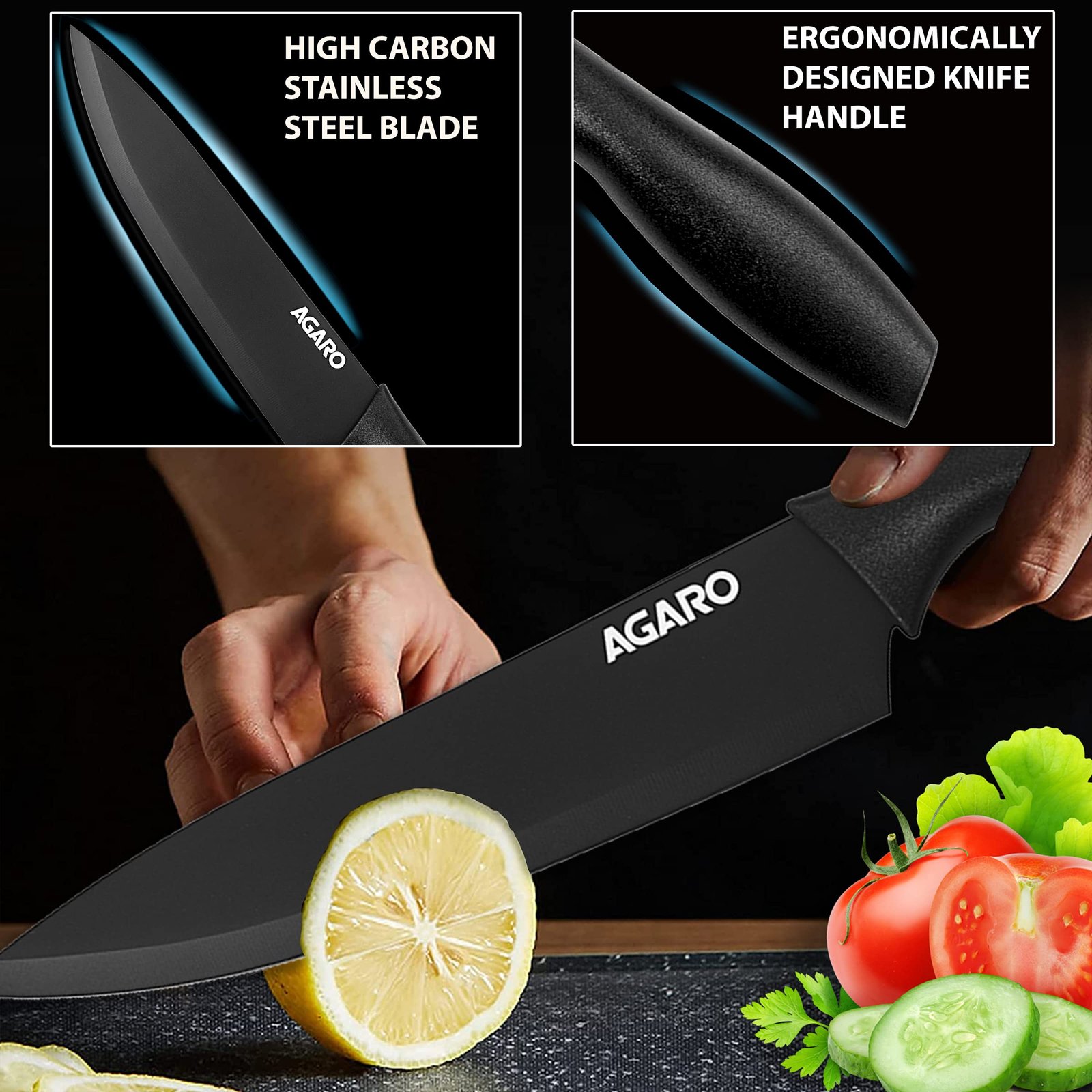 AGARO Royal 6 Pcs Kitchen Knife Set with Cover, High Carbon Stainless Steel Black Colour Coated Professional Chef Knife, Utility, Sontuku, Bread, Utility, Paring, for Home & Restaurant Use, Black - Image 4