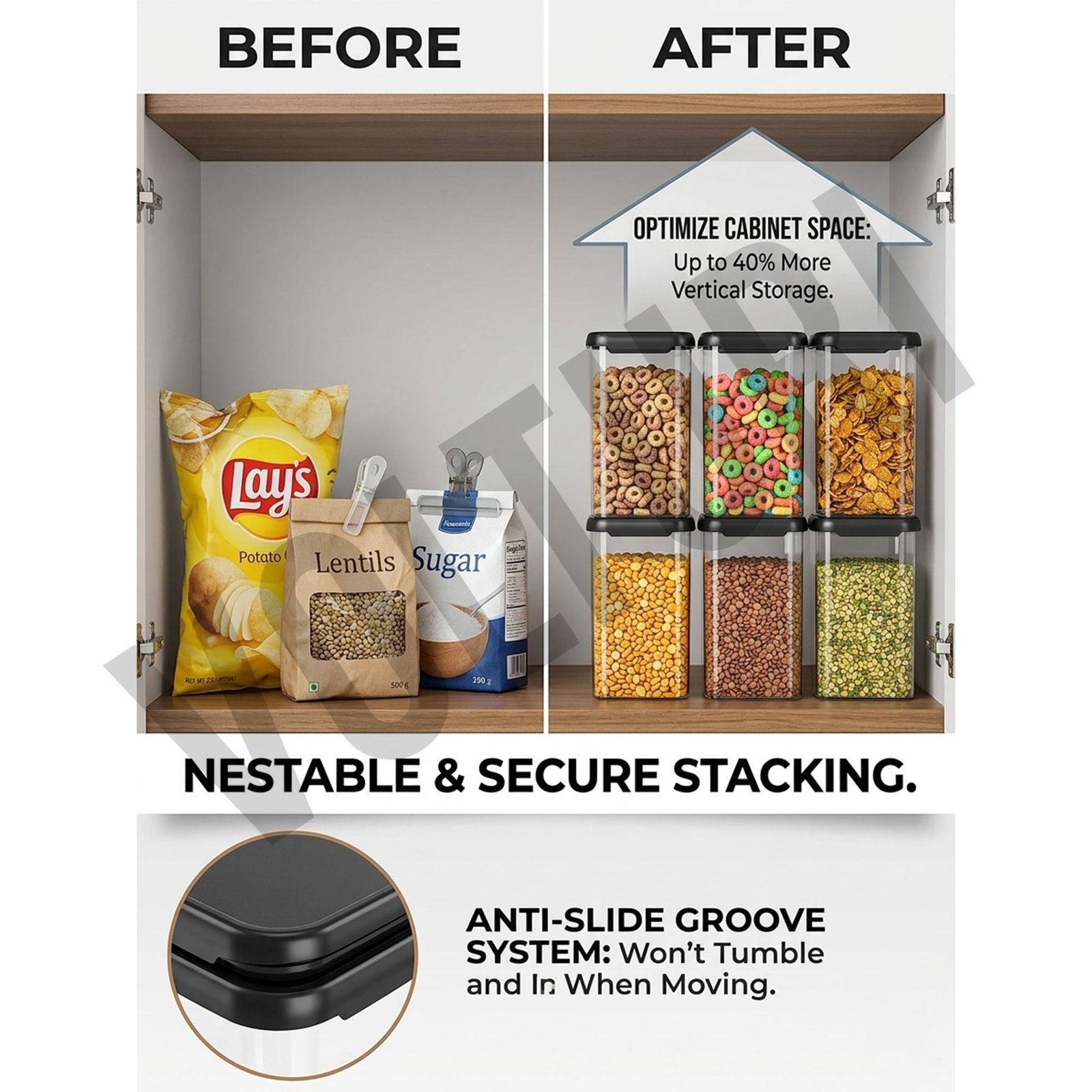 VOLTURI Air Tight Containers for Kitchen Storage (Pack of 6, 1200 ML), Kitchen Storage Box, Airtight Container Set, Fridge Storage Containers for Pulses, Cereals, Grains, Fruits, Vegetables - Image 7