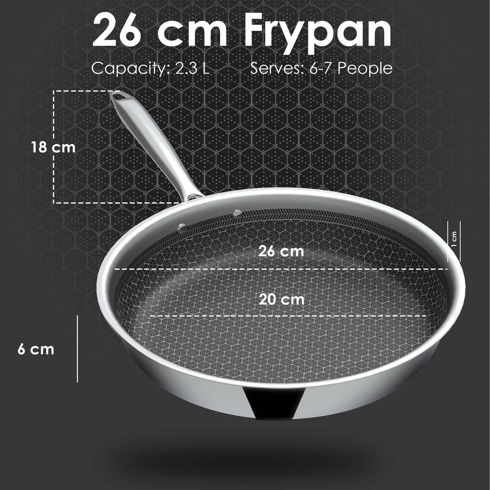 Esspy who understand excellence Hy-Tech Triply Frying Pan | 26 cm/2.3 L | Honeycomb Pattern Fry Pan | Gas & Induction Compatible | Non Stick | Metal Spoon Friendly | Stainless Steel Pan - Image 2
