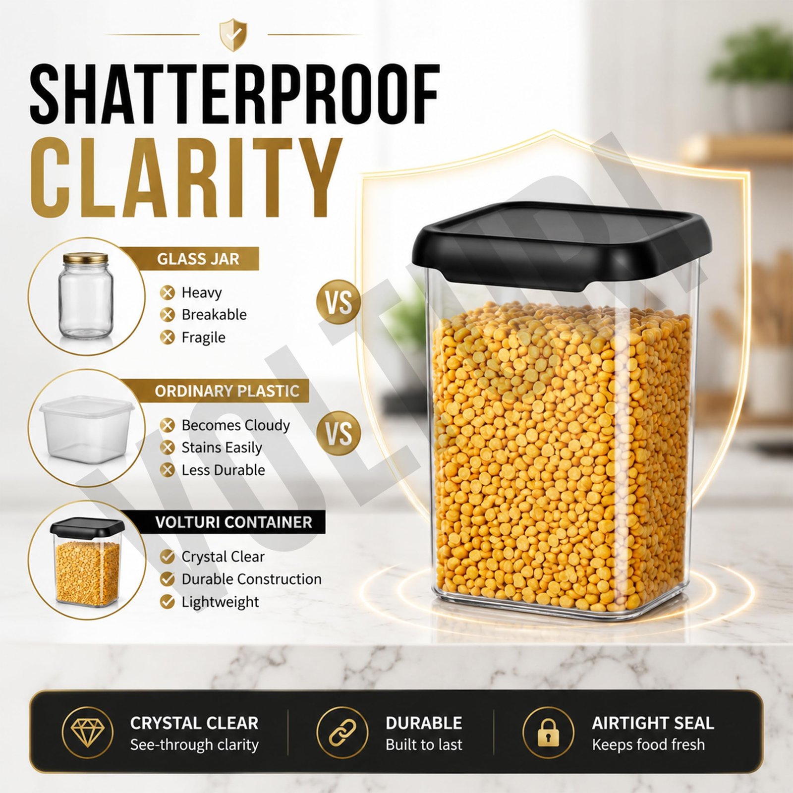 VOLTURI Air Tight Containers for Kitchen Storage (Pack of 6, 1200 ML), Kitchen Storage Box, Airtight Container Set, Fridge Storage Containers for Pulses, Cereals, Grains, Fruits, Vegetables - Image 4