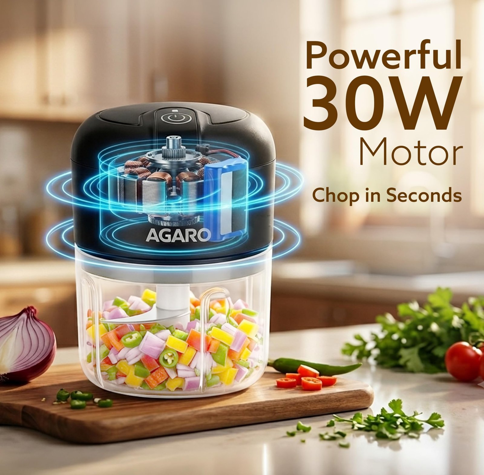 AGARO Elite Rechargeable Mini Electric Chopper, Food Grade Bowl, Stainless Steel Blades, Rechargeable, One Touch Operation, for Chopping Garlic, Ginger, Onion, Vegetable, Nuts, 250 Ml, Black - Image 7