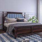 Sheeshamwallah Wooden Queen Size Bed Without Storage | Cot for Bedroom with Blue Upholstered Cushion Headboard | Solid Wood Sheesham, Walnut Finish | Mattress Size: 78 X 60