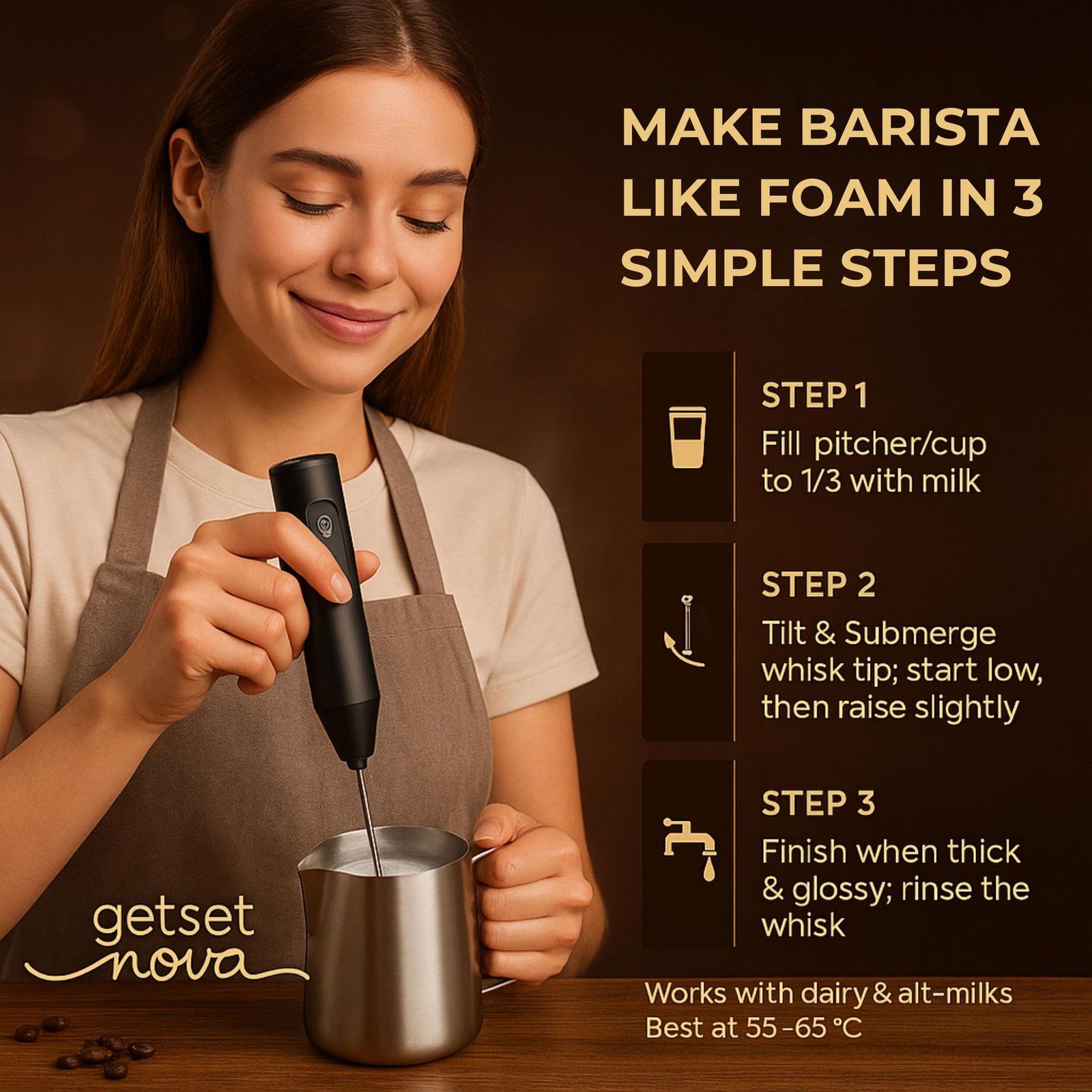 Nova Electric Milk Frother for Coffee - Rechargeable Coffee Frother, Beater, Blender & Mixer | Handheld Coffee Whisker for Cold Coffee, Latte & Cappuccino | Mini Coffee Maker Machine for Home (Black) - Image 7