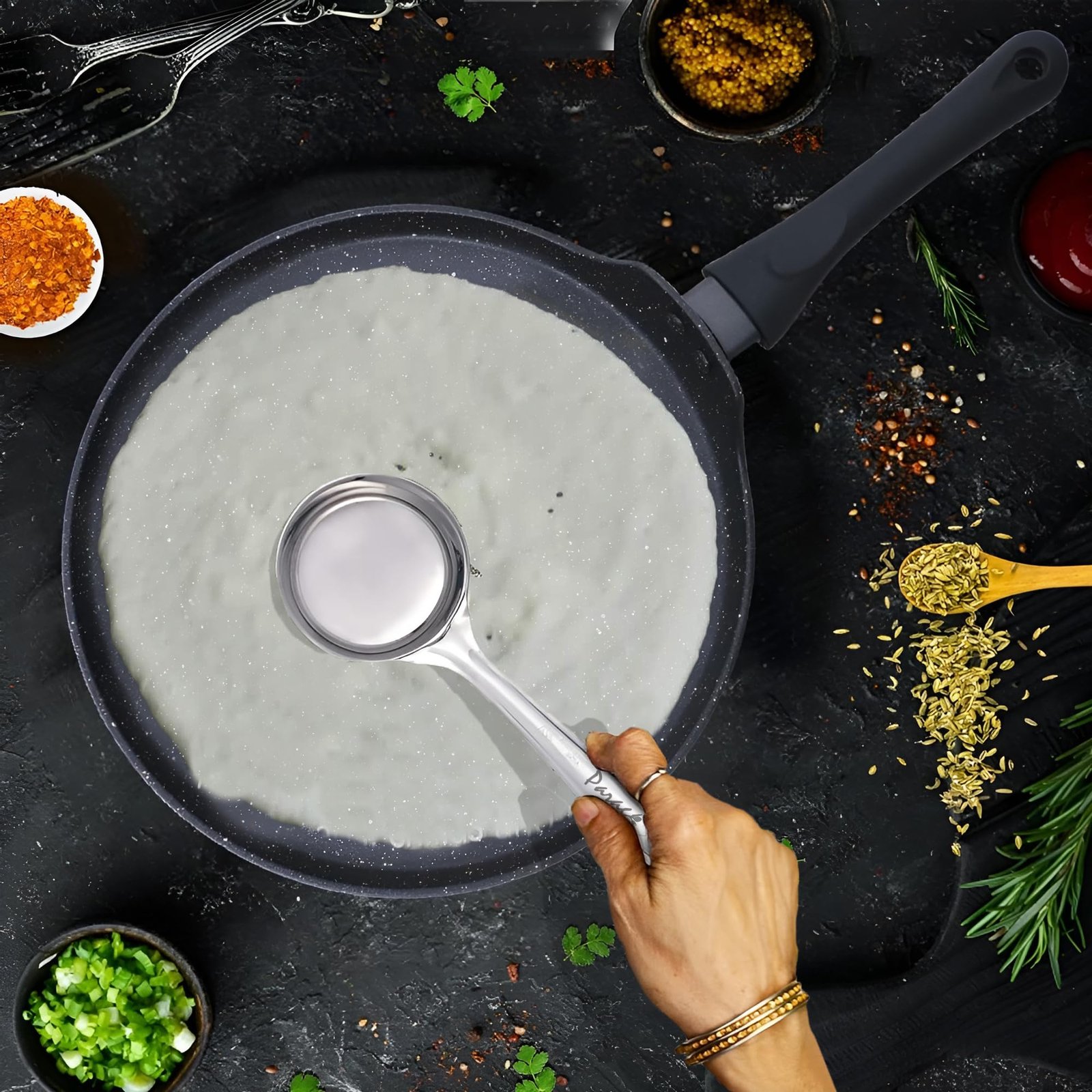 Parage 2 Pieces Stainless Steel Dosa Ladle & Turner/Palta Heavy Gauge | Dosa Making Spoon with Flat Base and Spatula | Kitchen Tools for Cooking (Size-20.5cm, 31.5cm, Silver) - Image 2