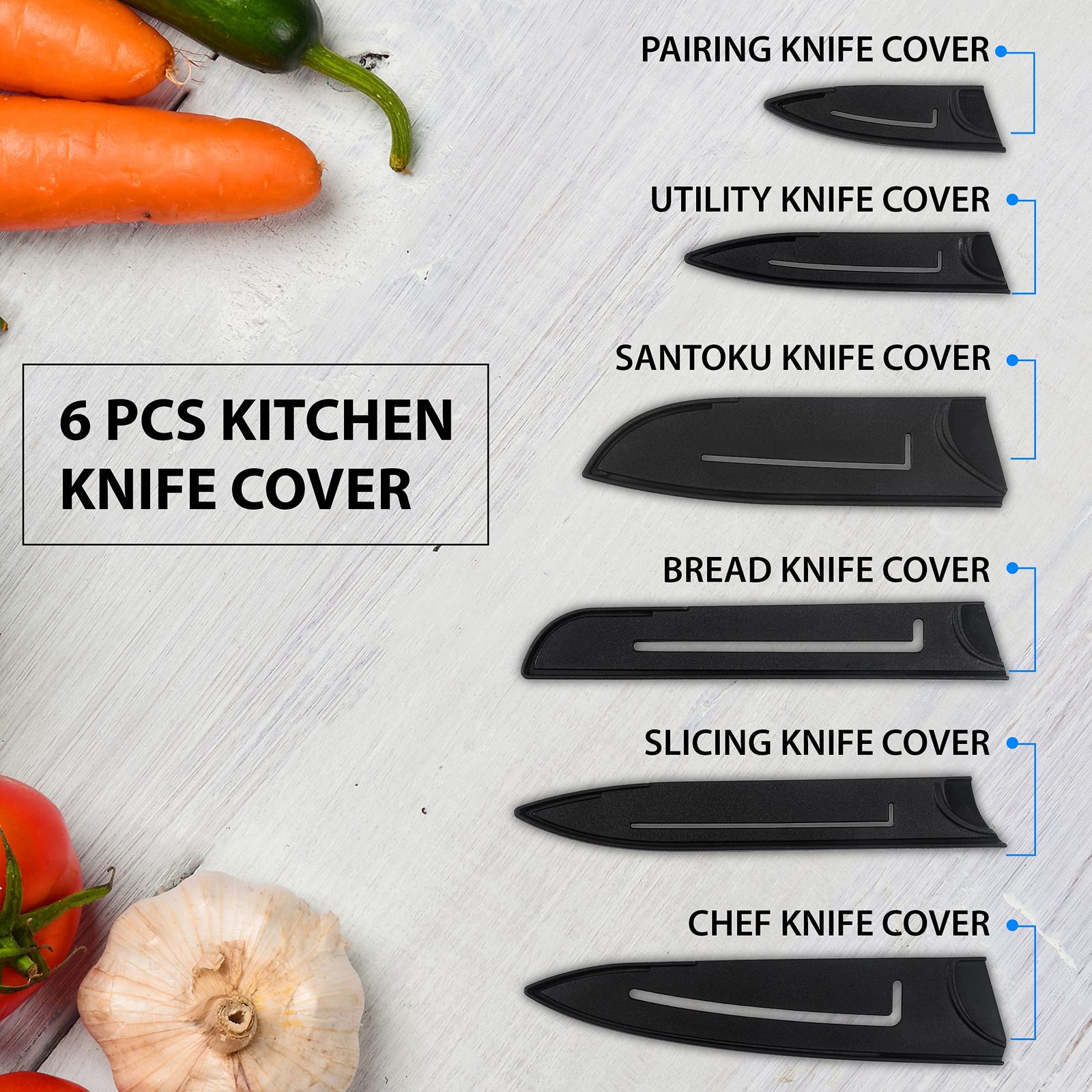 AGARO Royal 6 Pcs Kitchen Knife Set with Cover, High Carbon Stainless Steel Black Colour Coated Professional Chef Knife, Utility, Sontuku, Bread, Utility, Paring, for Home & Restaurant Use, Black - Image 5
