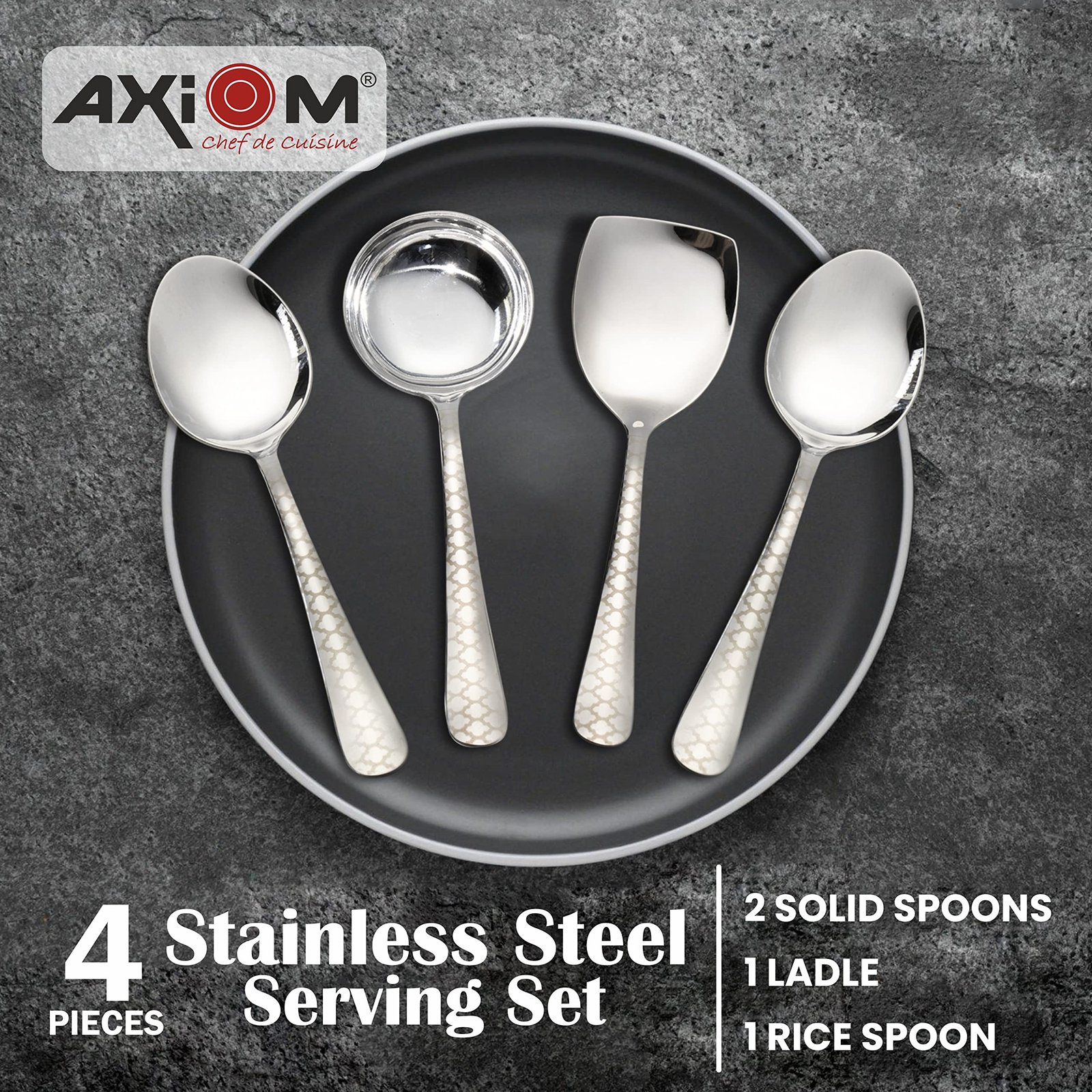 AXIOM Stainless Steel Serving Tools. 4 Pc Heavy Gauge Non-Stick Set Of 1 Soup Ladle (Karchi), 2 Solid Spoon (Chamcha) And 1 Rice Spoon For Serving Soup/Curry/Dal/Rice/Pasta. Laser Printed Neo ,27 Cm - Image 2