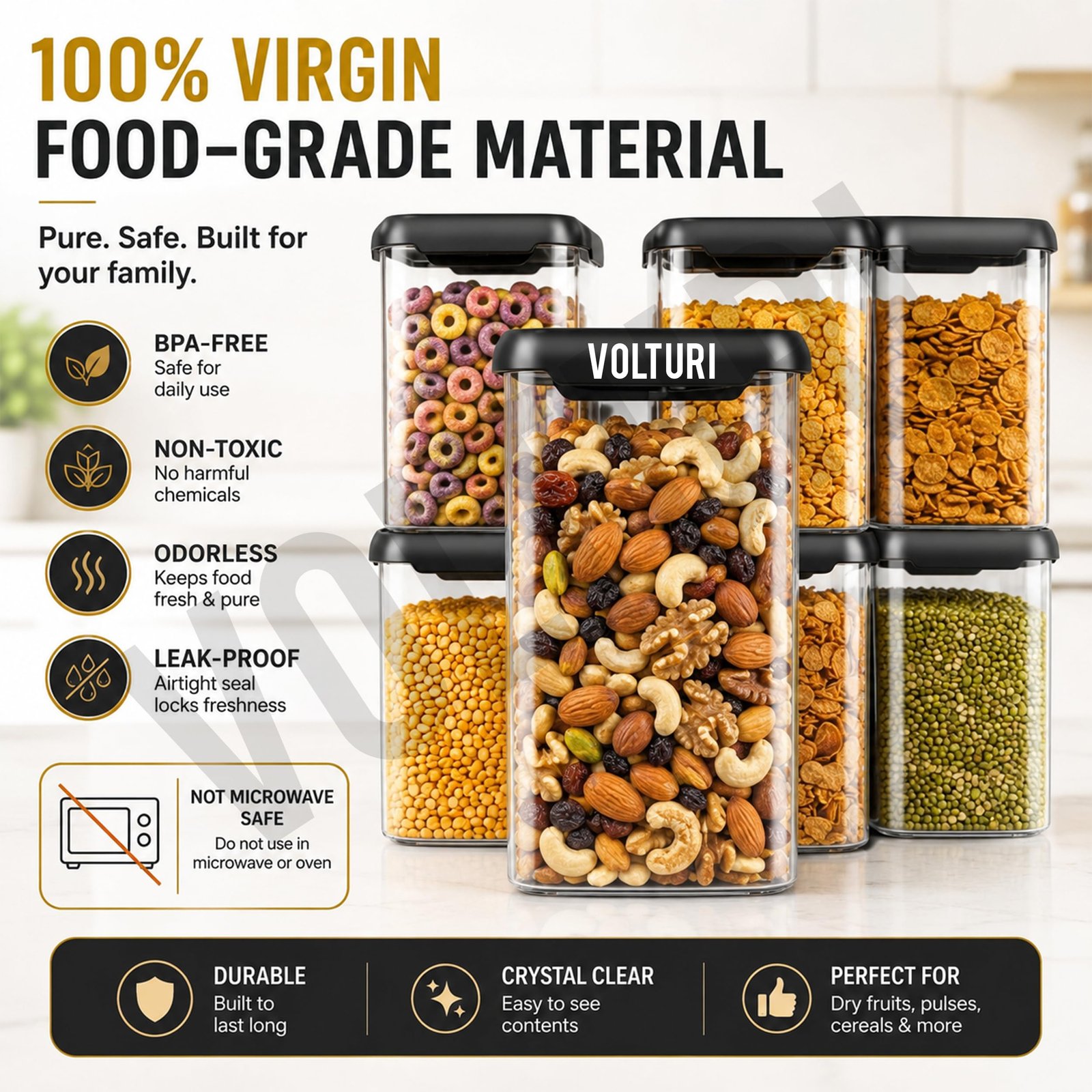 VOLTURI Air Tight Containers for Kitchen Storage (Pack of 6, 1200 ML), Kitchen Storage Box, Airtight Container Set, Fridge Storage Containers for Pulses, Cereals, Grains, Fruits, Vegetables - Image 5