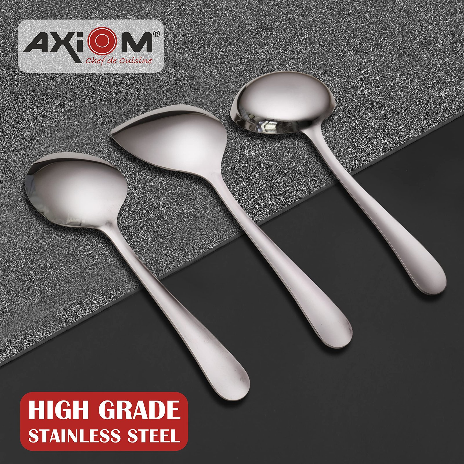 AXIOM Stainless Steel Serving Tools. 4 Pc Heavy Gauge Non-Stick Set Of 1 Soup Ladle (Karchi), 2 Solid Spoon (Chamcha) And 1 Rice Spoon For Serving Soup/Curry/Dal/Rice/Pasta. Laser Printed Neo ,27 Cm - Image 6