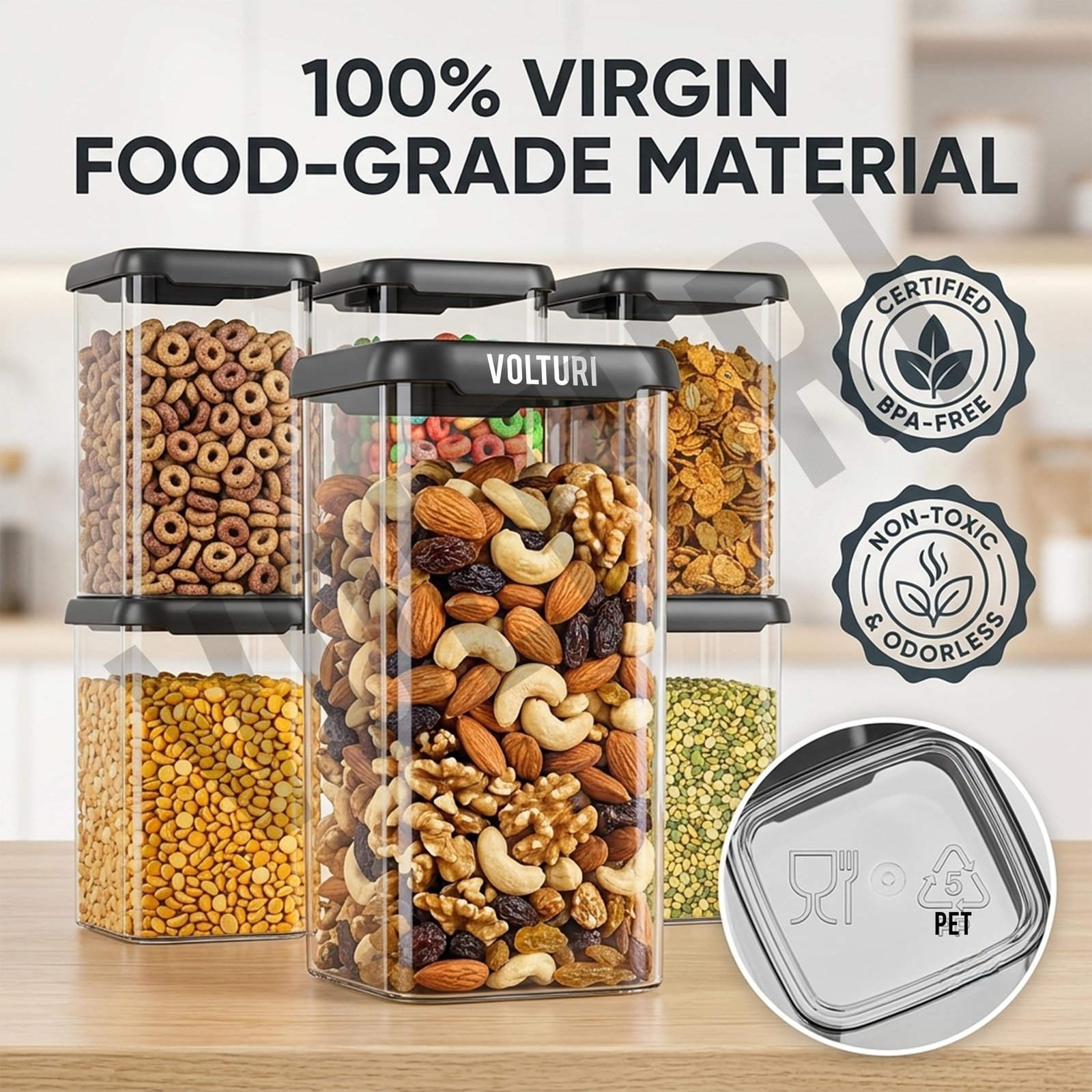 VOLTURI Air Tight Containers for Kitchen Storage (Pack of 6, 1200 ML), Kitchen Storage Box, Airtight Container Set, Fridge Storage Containers for Pulses, Cereals, Grains, Fruits, Vegetables - Image 6