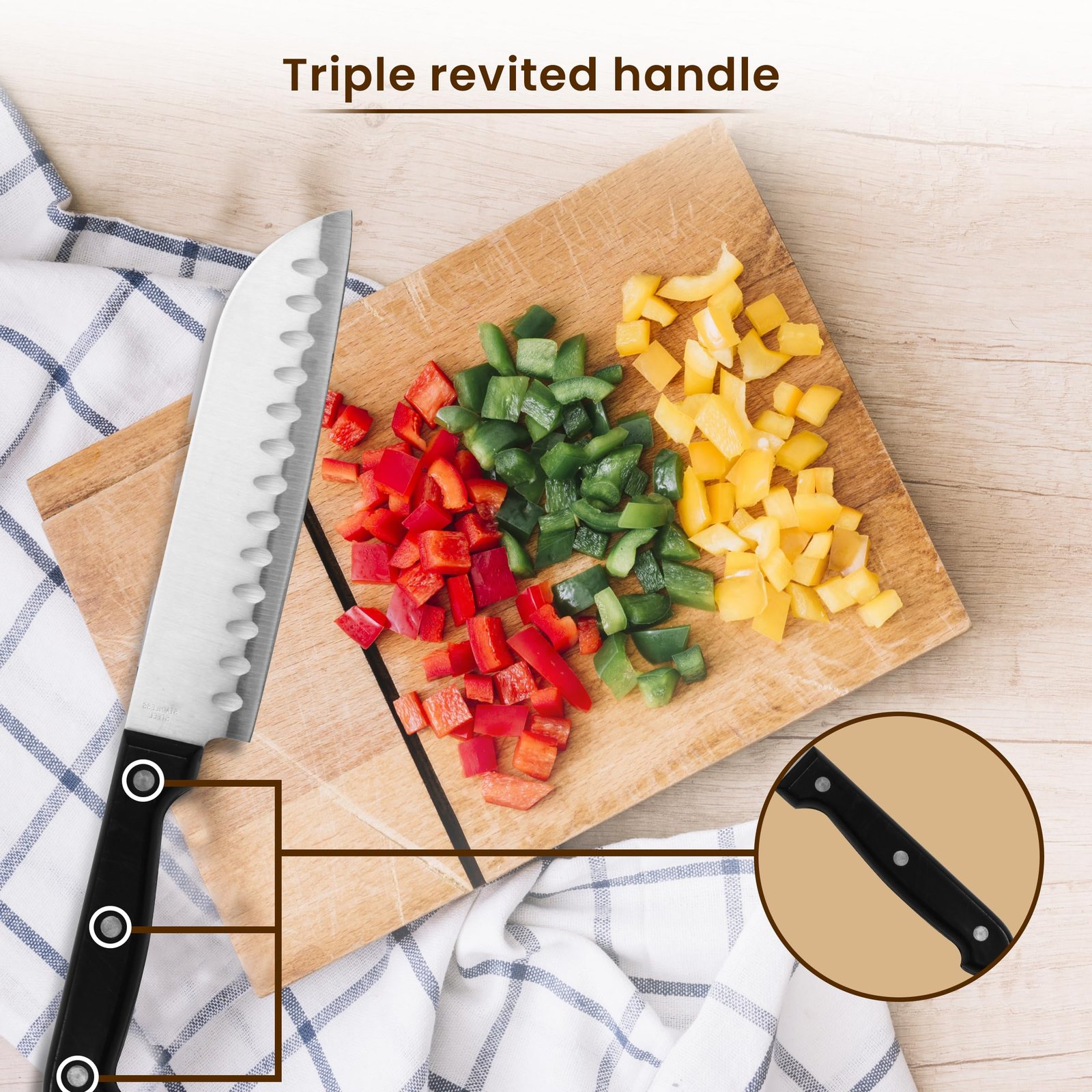 AGARO Galaxy 6 Pcs Kitchen Knife Set, 4 Knives, 1 Scissor, 1 Wooden Case, High Carbon Stainless Steel, Non-Slip Triple Rivet Strong Handle, Cooking, Cutting, Slicing, Home & Restaurant Use, Silver - Image 3